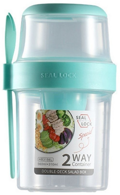 SEAL LOCK 手提式雙層沙拉杯 附叉勺 分層密封 優格麥片早餐杯 小號310+560ml, 1個, 小號-綠 : 310ml+560ml, 綠