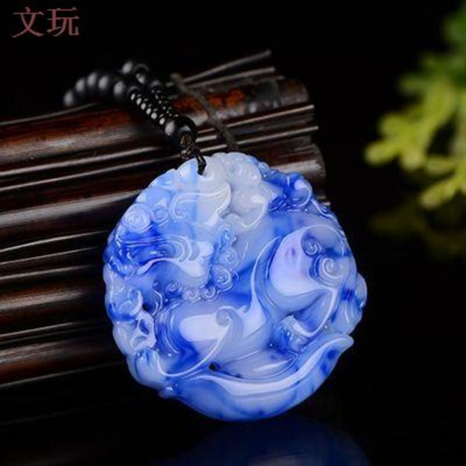 青花玉貔貅項鍊吊墜吊飾 天然玉石玉佩, 1個, 新疆和田玉青花玉貔貅招財