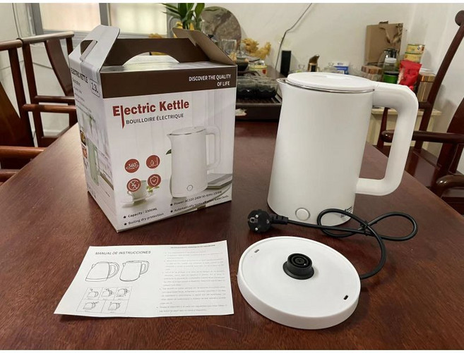 不鏽鋼電熱水壺家用自動斷電雙層防燙, 現貨【歐規】2.3L白色,1至99臺, 1個