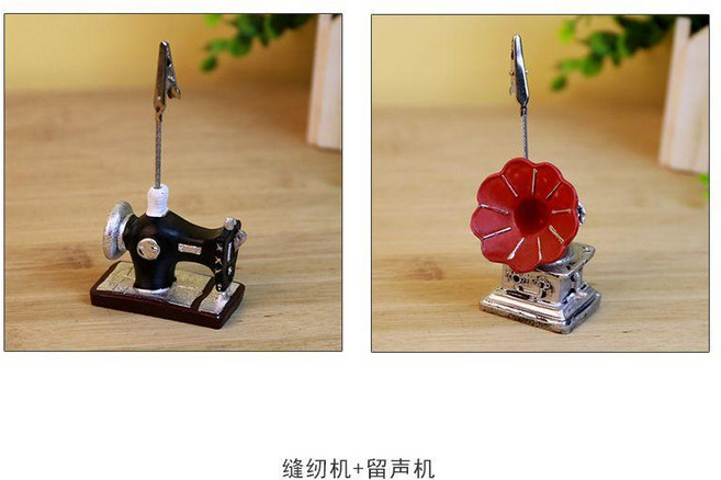 復古樹脂桌面小擺件 留聲機 照片夾子 便條夾, 縫紉機+留聲機, 1個