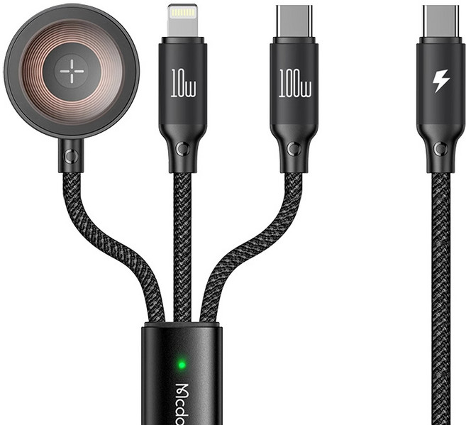 RENZHI 100W 三合一充電線 適用於 iPhone Apple Watch 筆記型電腦, 黑色(120CM), 1個