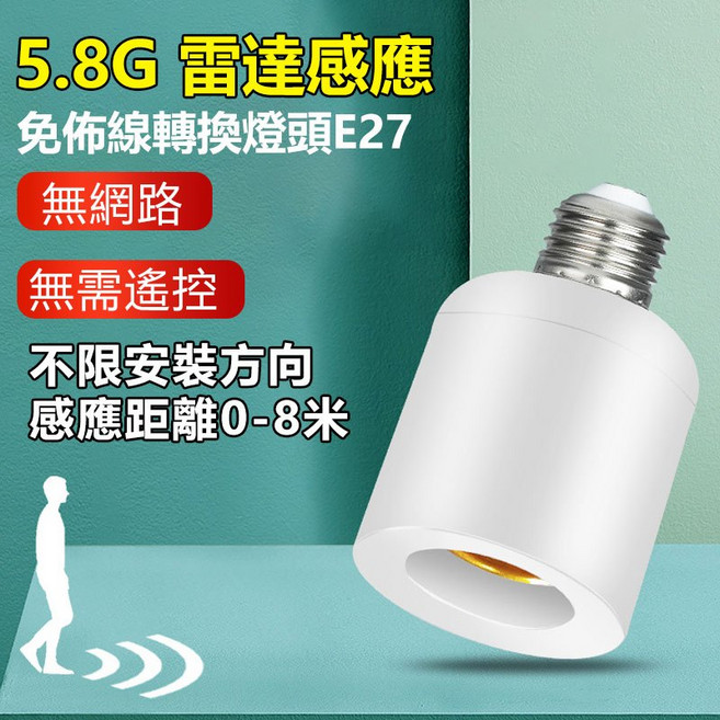 訊億 5.8G 雷達感應 免佈線 E27 燈泡座, 1個, 微波雷達感應E27燈泡座