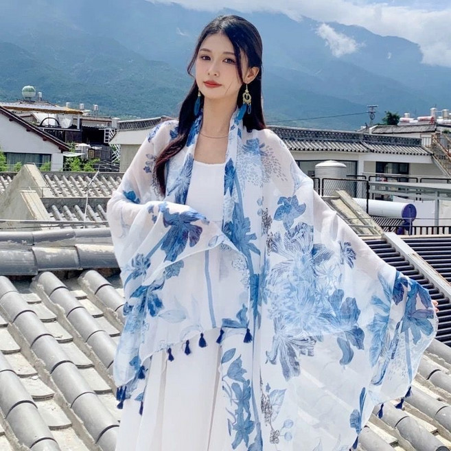 藍島 民族風披肩/圍巾 藍色系 輕薄柔軟