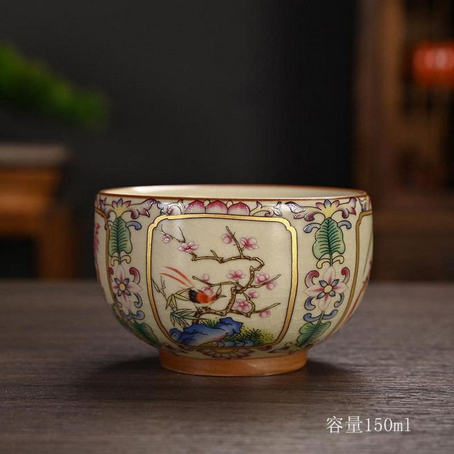 汝窯琺瑯彩開片主人杯茶杯 陶瓷禮品, 梅蘭竹菊禪定杯150ml 80 - 170ml, 1個
