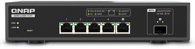 QNAP QSW-L3205-1C4T 輕網管型交換器 具備 4 個 10GbE RJ45 網路埠和 1 個 10GbE SFP /RJ45 複合埠, 1個