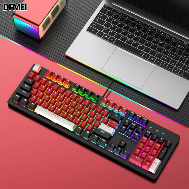 DFMEI 104鍵有線遊戲電競機械鍵盤青黑茶紅軸靜音軸麻將音熱插拔, BSUN TOY, 如圖, 黑底-三色(內紅外黑白)