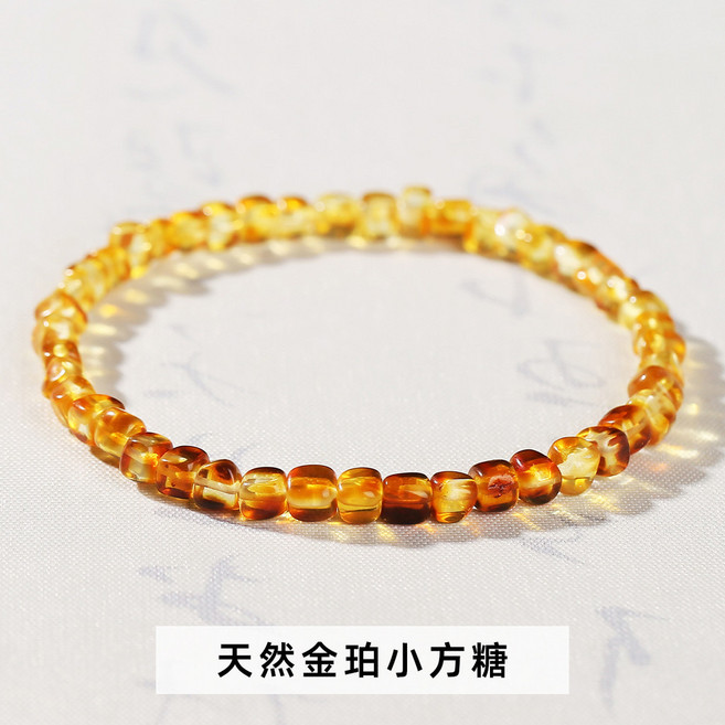 晶德珠寶 金珀蜜蠟方糖手鏈 女款 雞油黃琥珀方塊手串 復古單圈 4-6mm