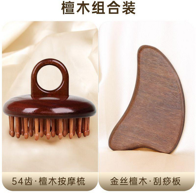 頭部按摩器天然檀木經絡梳梳子女士長髮男士家用加厚細齒頭梳梳子 副廠商品, 1個, 組合 54齒按摩梳+刮痧板