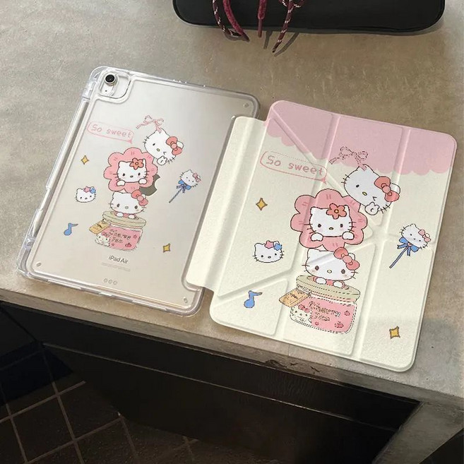 iPad Air 防摔保護套,可愛Hello Kitty彩繪,3+Y折支架,附筆槽,智能休眠喚醒, 花朵kt貓, 1個