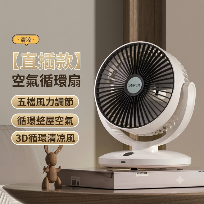 空氣循環扇 五檔風速調節 靜音省電 渦輪對流扇, 直插款(內無內置電池 需插電使用)