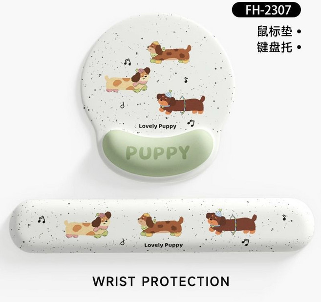 可愛狗狗造型護腕滑鼠墊與鍵盤手托, 1個, 音樂臘腸狗-鼠標墊+鍵盤手託套餐【優惠】,輕薄款:【默認厚度】, 音樂臘腸狗, 鼠標墊+鍵盤手託套餐