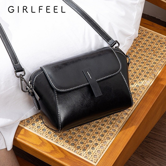 GIRLFEEL 牛皮斜背包 百搭真皮側背包 復古港風單肩包 潮流貝殼包 通勤小方包 大容量皮包, 黑色