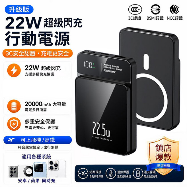【BSMI認證 ccc認證 74wh標識】 可上飛機 20000mAh MagSafe 行動電源 無線磁吸 移動電源 無線充電 PD快充 無線行动充, 黑色【22.5W有線充+15W無線充】, 黑色, W019