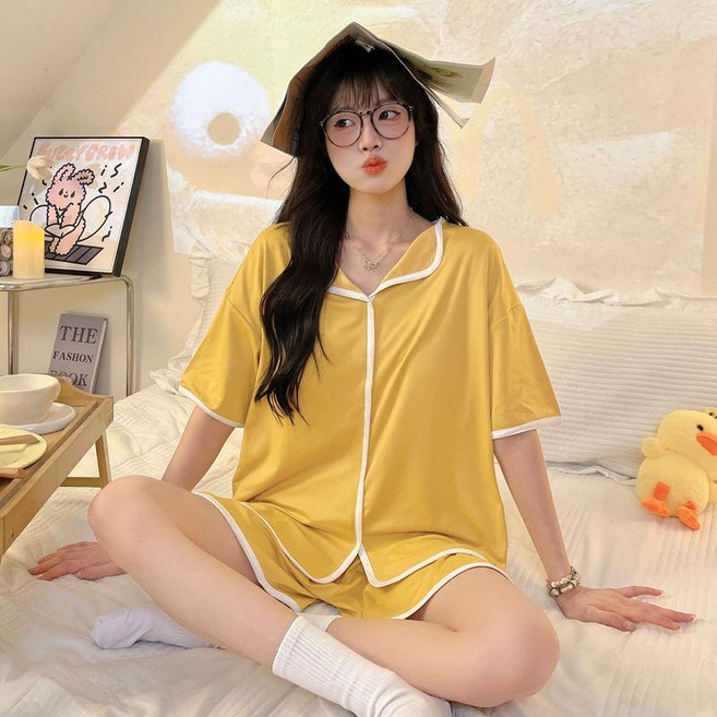 睡衣 帶胸墊睡衣 女睡衣套裝 短袖短褲睡衣 休閒寬鬆睡衣 家居服 可外穿睡衣 棉質感睡衣
