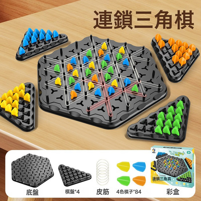 DIU 連鎖三角棋皮筋兒童益智玩具思維親子棋類智力開發遊戲幾何三角旗, 1個, 升級款大號【連鎖三角棋】1底座+4棋盤+84棋子+50根橡皮:如圖