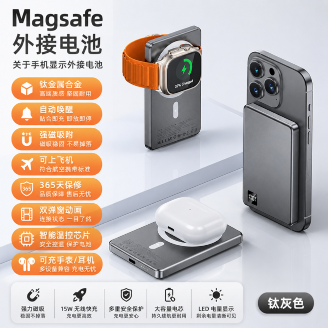 MagSafe 磁吸行動電源,10000mAh 大容量,支援15W 無線快充,可充手表/耳機, 鈦灰色, 5000mAh【超薄PD快充+雙彈窗+LED數顯】