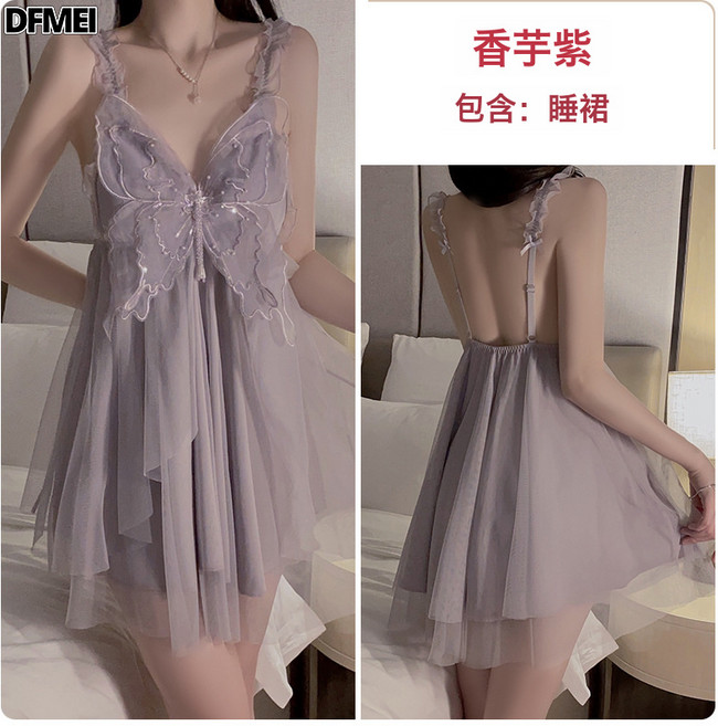 DFMEI 瑰若內衣純欲誘惑蝴蝶加胸墊吊帶睡裙外袍大碼家居服套裝4099
