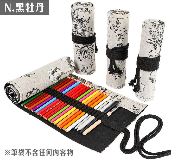 RAYRAYGO 手工布筆袋 45款 大容量綁帶式卷軸式帆布捲筆袋 文具收納, 1個, N.黑牡丹,12孔, 如圖