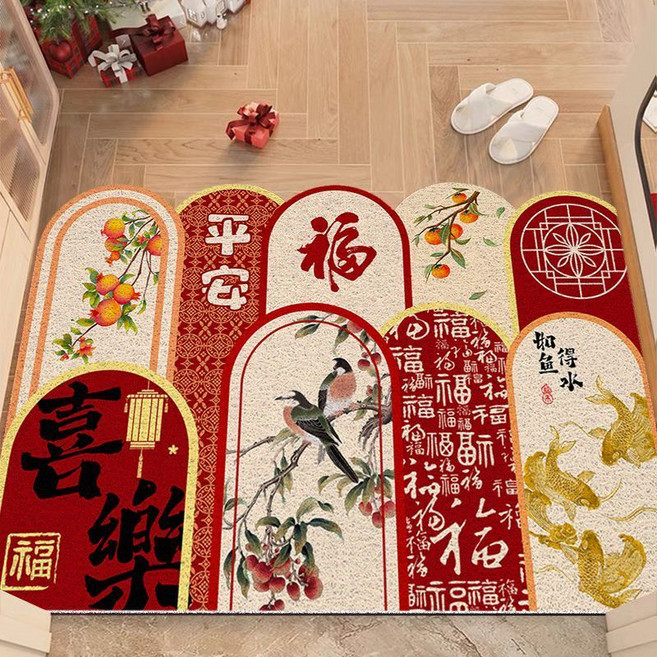 絲圈入戶門墊 喜慶紅色 蹭土刮泥 加厚地墊 家用進門口玄關腳墊 可裁剪, 1個, D-多喜-如魚得水【加厚絲圈】,120*160cm【保護地板】, 紅色