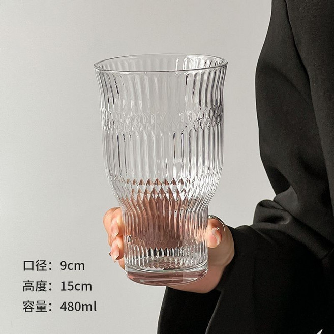 大容量 復古寬口玻璃杯 飲品杯 果茶杯 咖啡杯, 1個, 寬口果汁盃 細腰紋款 ,1衹裝