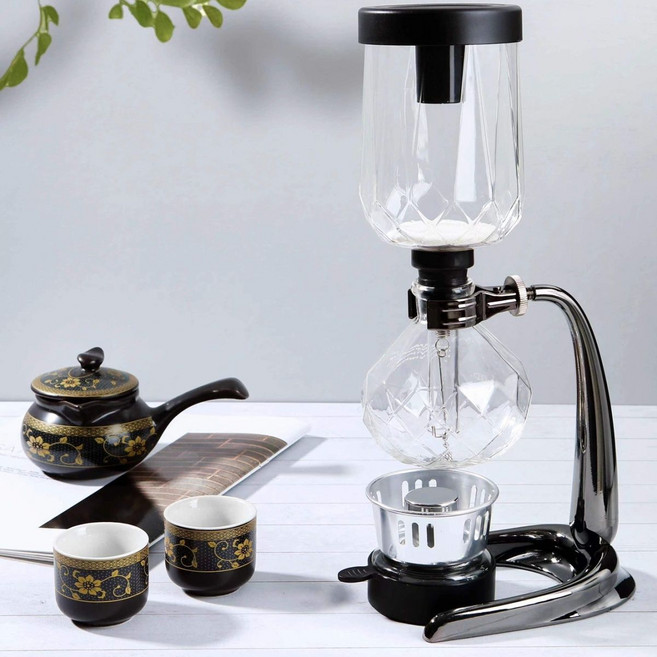 咖啡虹吸壺 350ml 虹吸萃取 玻璃咖啡壺 耐熱咖啡器具, 1個, 黑色 鑽石手柄款