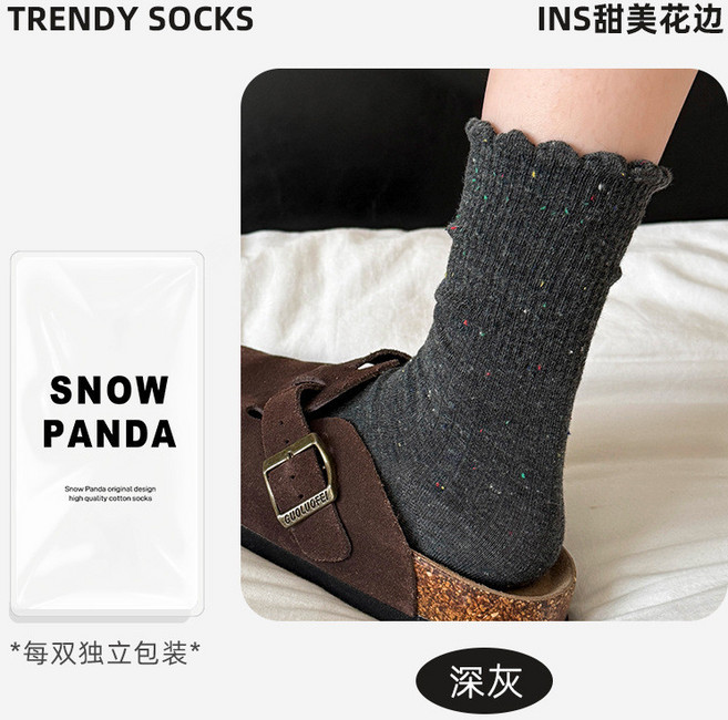 SNOW PANDA 襪子女 秋冬 點子紗花邊堆堆襪 中筒襪 棉襪 無骨 百搭