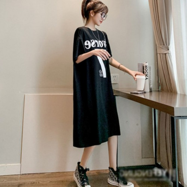 夏季韓風寬鬆露背長款T恤裙 女裝大碼短袖孕婦連衣裙, 黑色, XXXL