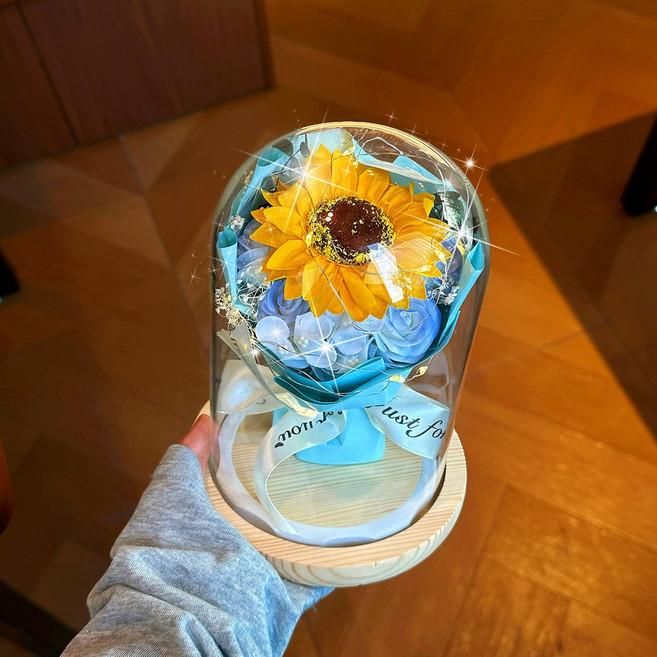 母親節永生花禮盒 玻璃罩夜燈, 大號 藍色向日葵 1m暖白燈 木質底做 玻璃罩 粉色禮盒, 1件