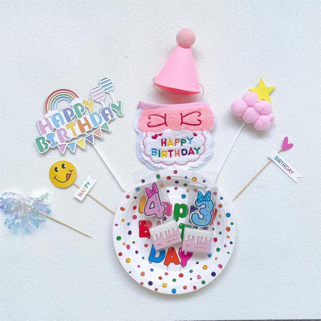 寵物貓咪狗狗生日派對圍兜帽子圍巾蛋糕插件裝飾道具, 1個, 粉色圍兜帽子6個裝飾,蠟燭1嵗