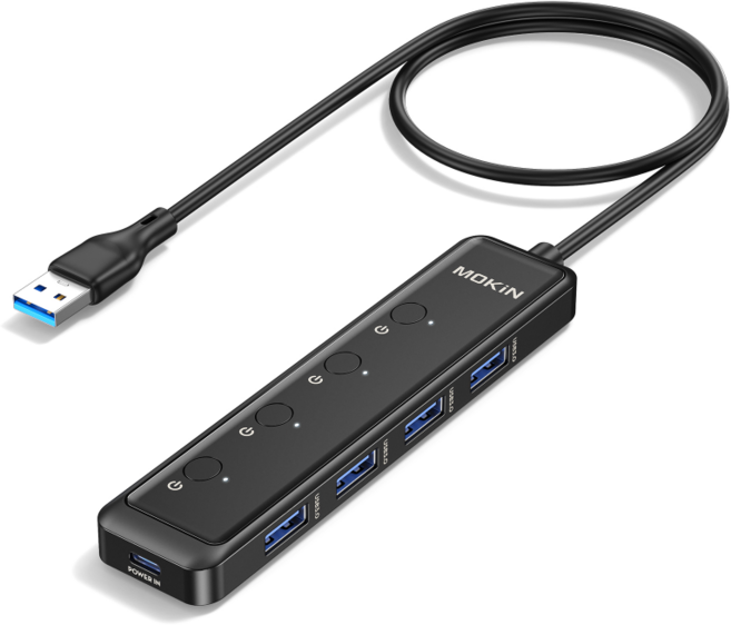 MOKIN USB 3.0 擴充集線器 4埠獨立開關 5Gbps傳輸 60cm線長, 黑色-USB 3.0 擴充集線器, 1個