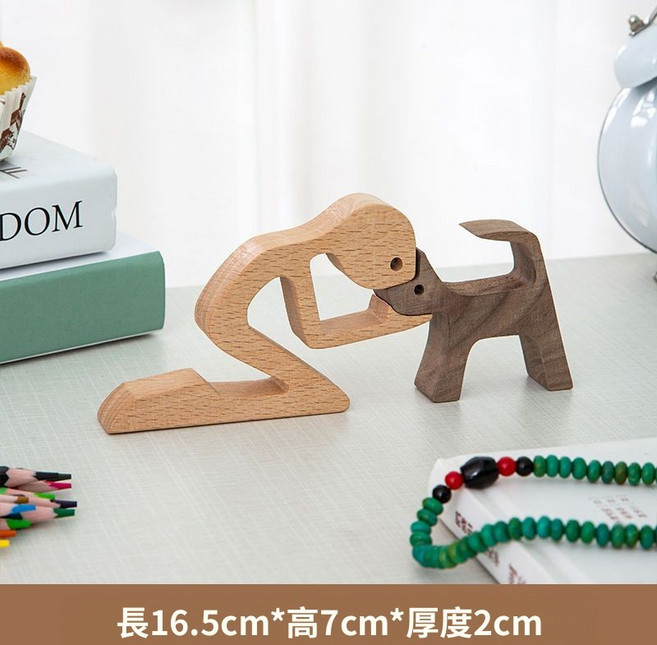 木質人與動物擺件 簡約創意手工木雕公仔 桌面裝飾, 男人與貓 款2