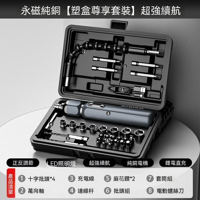 家用多功能電動螺絲刀全套 鋰電手自一體 超強續航, 1套, 塑盒尊享套裝 永磁純銅超強續航