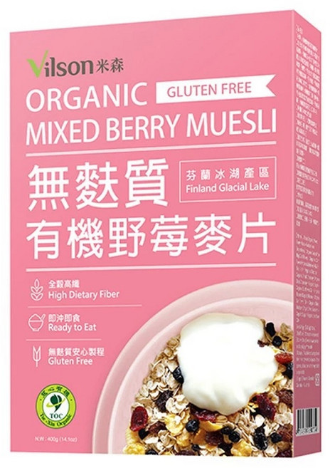 VILSON 米森 有機無麩質野莓麥片 芬蘭冰河湖區 高纖即食, 400g, 1個