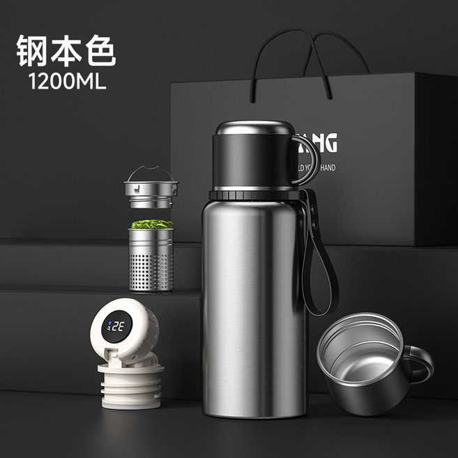 316不銹鋼保溫杯 1200ml 曜石黑 茶水分離 附提把, 【珍品內膽-升級顯溫】鋼本色(加大茶倉),800ml【用心造好杯】, 1個