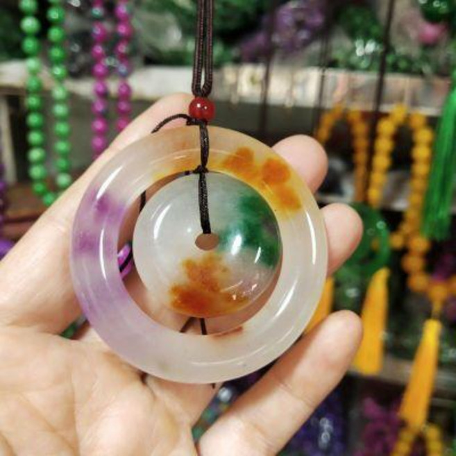 翡翠飄花雙環平吊墜 彩色子母扣玉墜毛衣鏈飾品