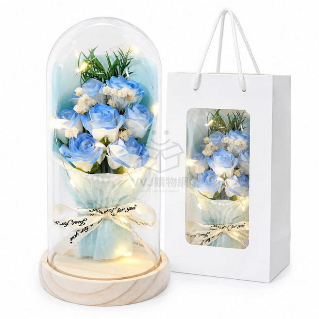 香皂花束燈罩禮盒 永生花燈罩 浪漫燈串, 7朵碎冰藍原木底【贈燈串+禮袋】, 碎冰藍