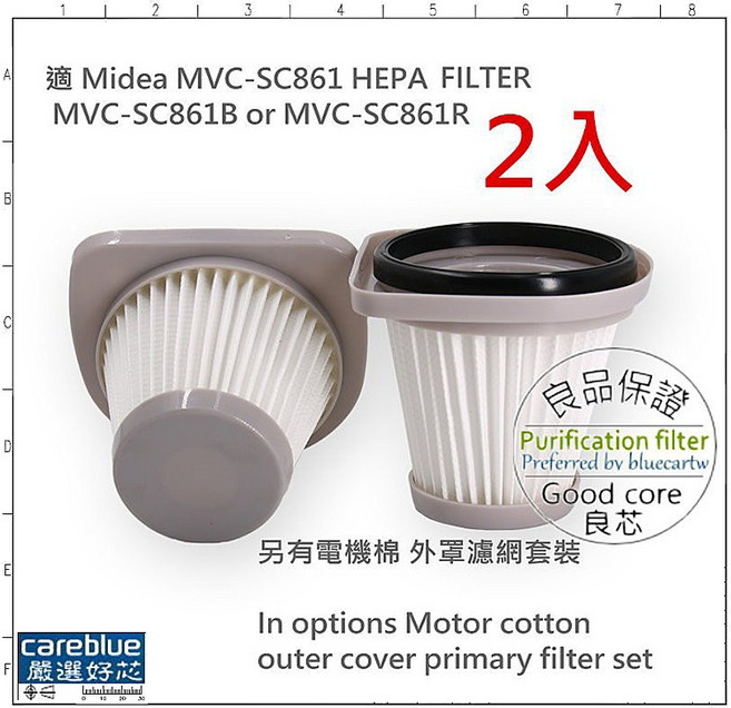 Midea HEPA 濾芯 電機棉 初濾網, 1個, 3腳刷毛邊刷白2支