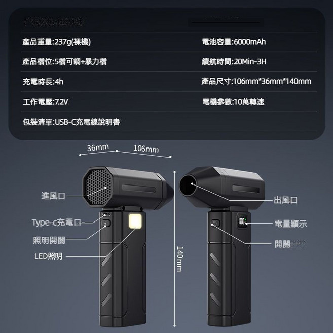 高速無刷渦輪吹塵機 手持暴力除塵機 便攜應急夜燈 萬能吹水機, 經典黑