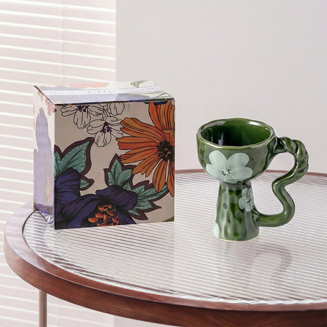 復古手作陶瓷馬克杯 禮盒裝, 綠彩白花, 1個