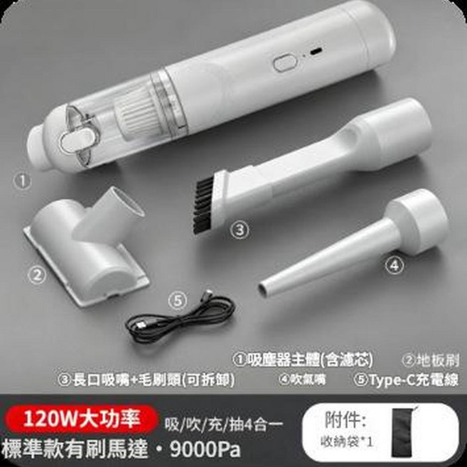 無線車載吸塵器 19000Pa 兩段式吸力, 有刷旗艦款白色 地板刷 布袋 升級一鍵倒塵功能, 如圖