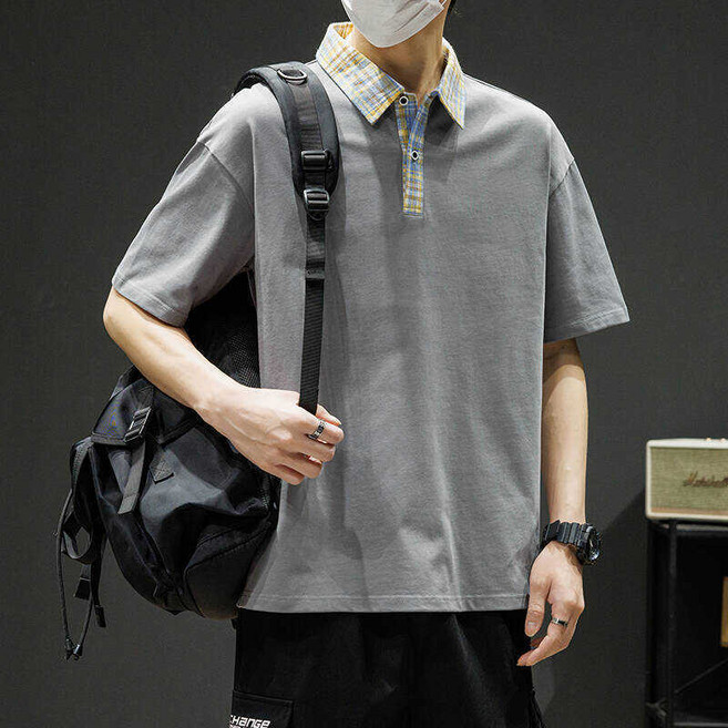 男款夏季潮流寬鬆POLO衫 大尺碼 短袖翻領T恤, 深灰色, M