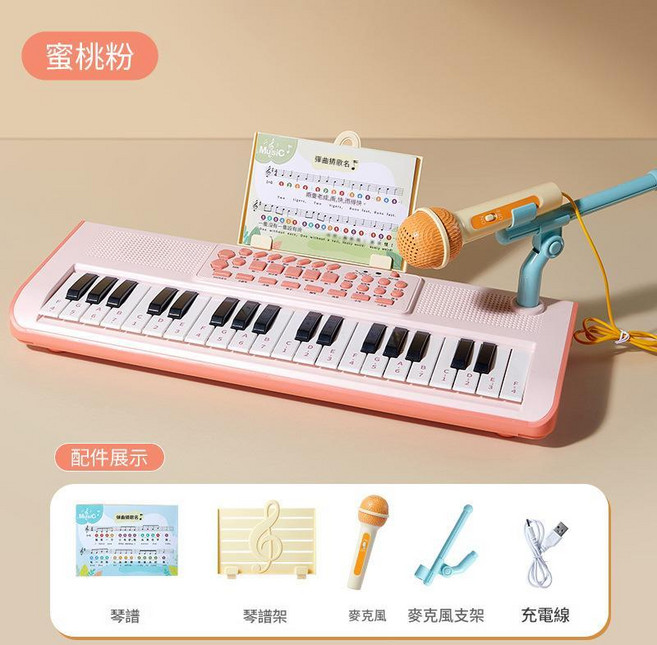 兒童多功能電子琴 帶話筒 初學者入門 鋼琴樂器玩具 粉色USB充電版, 7094加大款電子琴 - 粉色USB充電版, 1個