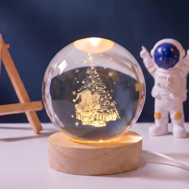 3D內雕水晶球 銀河系桌面擺件, 6cm聖誕老人圓形暖光底座