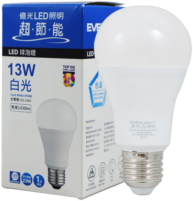 億光LED球泡燈 13W 節能省電 1365流明 全電壓, 白光, 1個