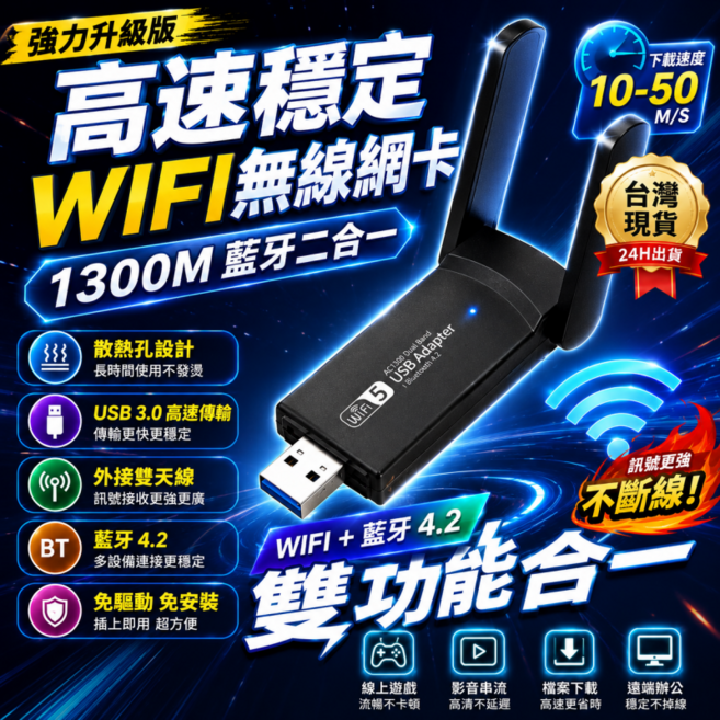 無線網卡 1300M免驅動無線網卡 wifi接收器 wifi分享器 usb無線網路 雙驅動 桌機筆電可用, 黑色, 1個, 1300Mbps-AC無線網卡