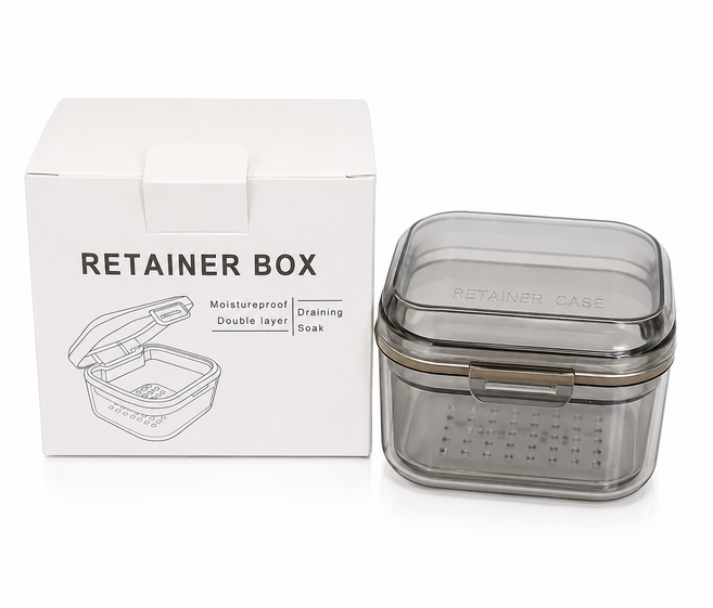 RETAINER BOX 假牙浸泡收納盒 雙層防漏 瀝水, 透明灰色, 1個