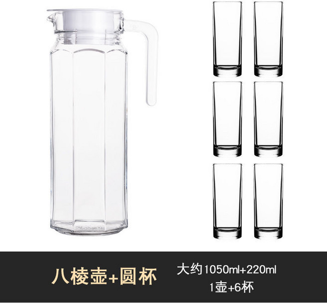 玻璃杯冷水壺 加厚大容量 涼水壺 飲料壺 果汁壺 紮啤壺 喝水杯, 1個, 八角壺+6衹高款圓盃