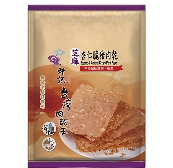 Taiwan dried meat king 軒記 台灣肉乾王 芝麻杏仁脆豬肉乾, 100g, 1包