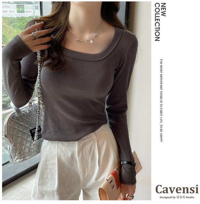 【Cavensi】高級感色系 內搭衣 正肩內搭衣 大尺碼上衣 方領打底衣 修身長袖 素色長袖 A71, 深灰(超柔軟),4XL(建議70~80公斤)