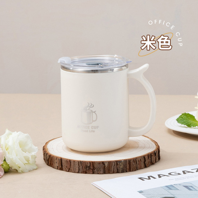 304不鏽鋼馬克杯雙層咖啡牛奶刻度口杯創意保溫茶杯日式水杯禮品, 1個, 500ML加厚透明蓋【白色】:400-500ml(彩盒包裝)